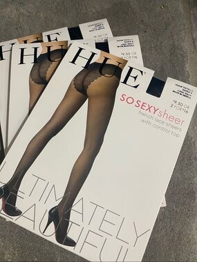 HUE So Sexy Sheer French Lace Sheers Hose 3 pairs - Black NWT